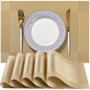 LEXMORE Gold Vinyl Woven Placemats Set of 6 Washable Heat-Resistant 12x17"